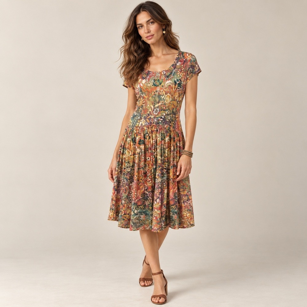 Peruvian Connection Aguirre Print Dress Women M Paisley Drop Waist Pockets Boho